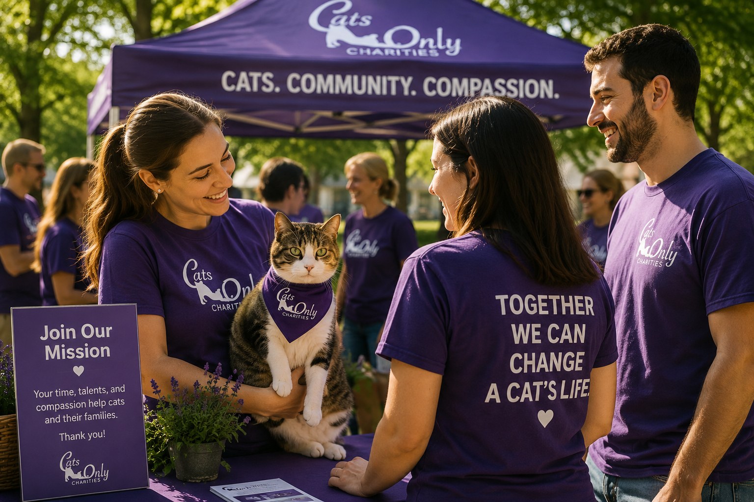 Cats Only Charities volunteers gathering with a cat at a community event.