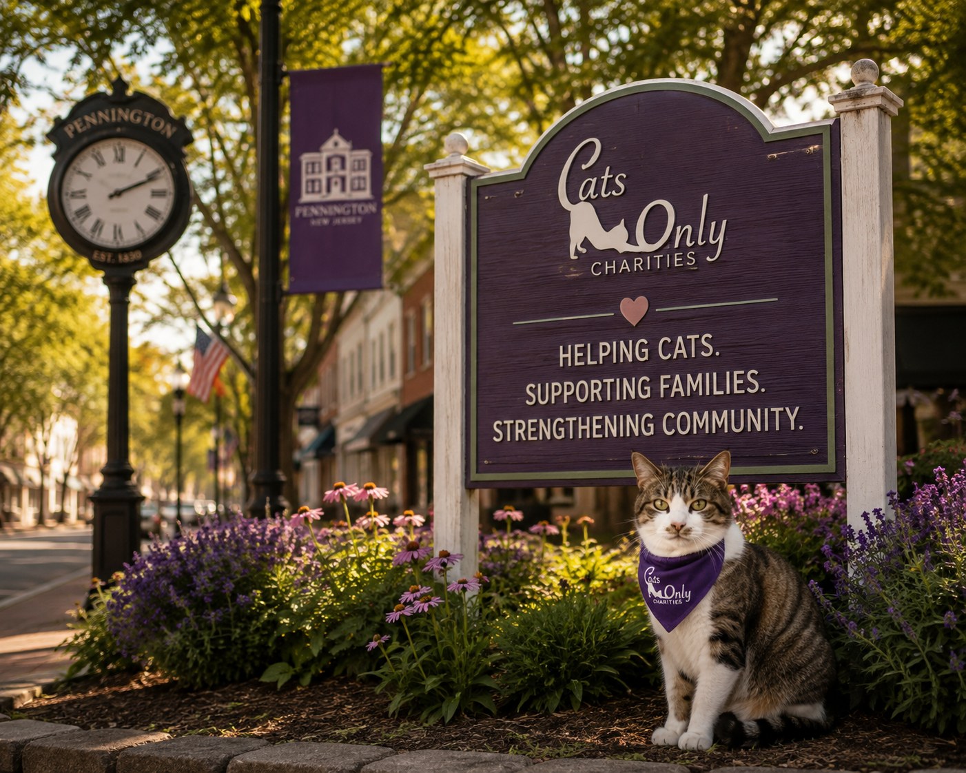 Cats Only Charities community sign in Pennington, New Jersey, with a cat in a flower garden.